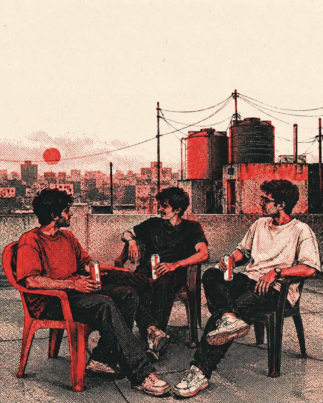 Three friends on a Delhi rooftop at dusk, cans in hand